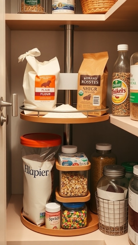 A Lazy Susan in a pantry displaying flour, sugar, and baking supplies organized for easy access.