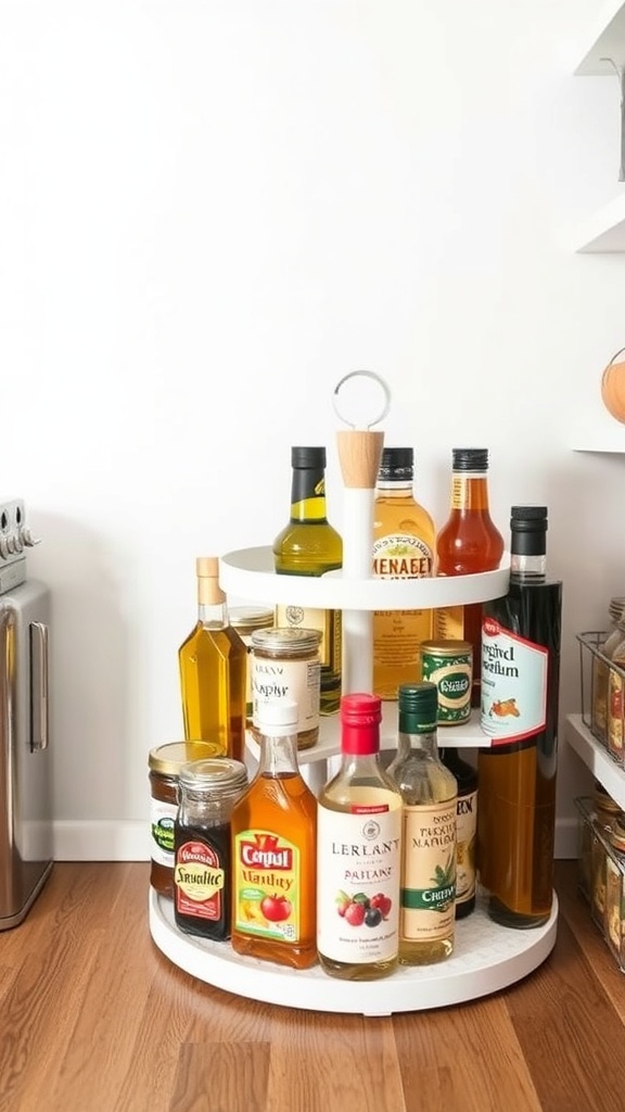 A two-tiered Lazy Susan filled with various oils and condiments, showcasing easy access and organization.