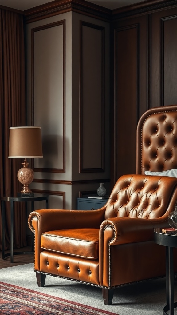 A cozy leather armchair in a stylish bedroom with dark wood paneling.