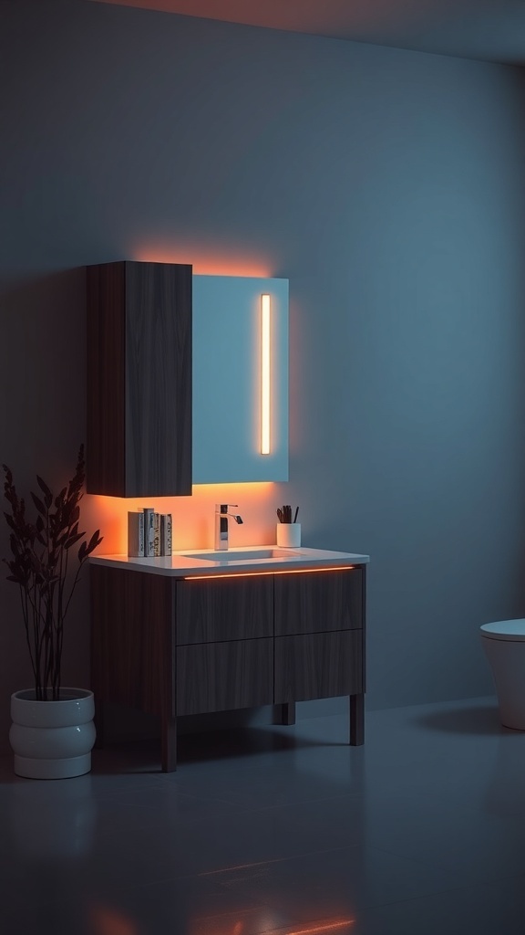 A modern bathroom featuring LED-backlit vanity cabinets with warm lighting.
