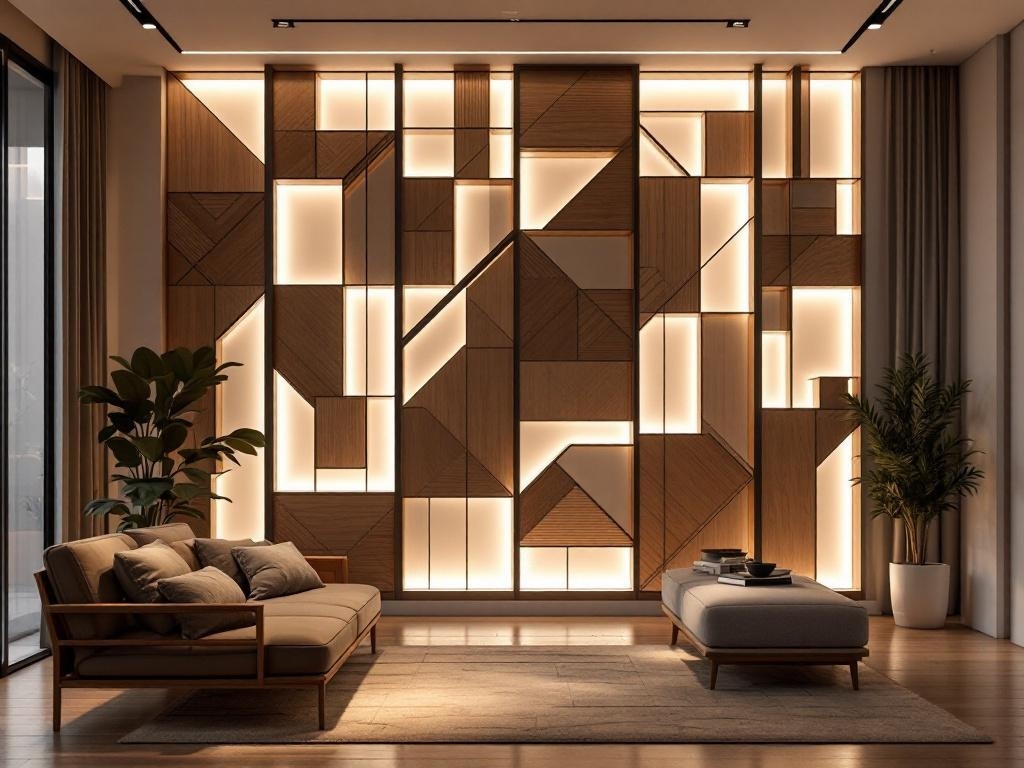 A modern living room featuring LED-backlit wooden panels with geometric designs, complemented by a cozy sofa and plants.