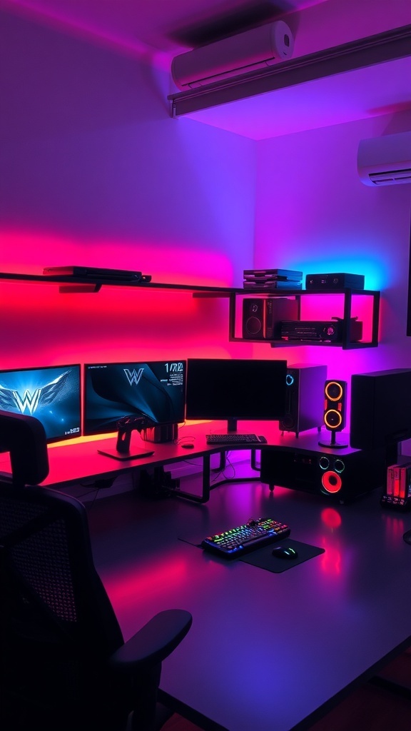 A modern gaming setup featuring LED lights, dual monitors, and an ergonomic chair.