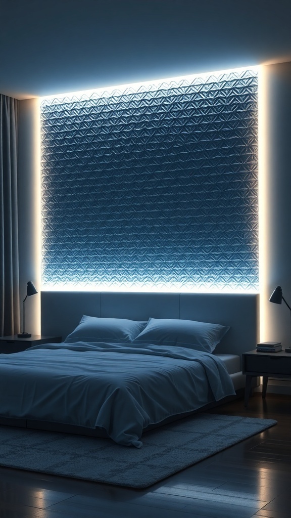 A modern bedroom featuring a textured headboard wall illuminated by soft LED backlighting.