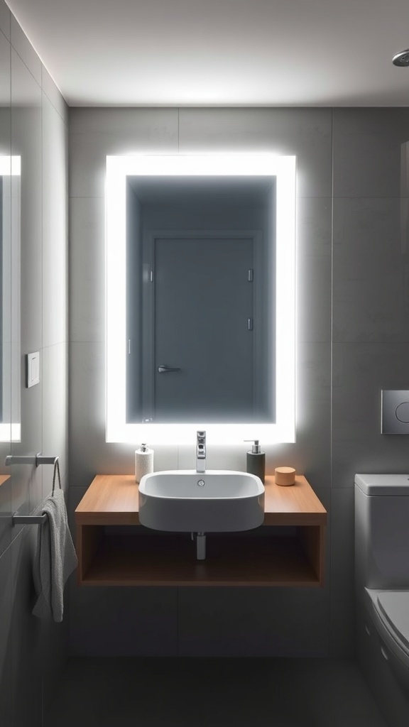 A modern bathroom featuring a LED backlit mirror above a sleek sink with wooden accents.