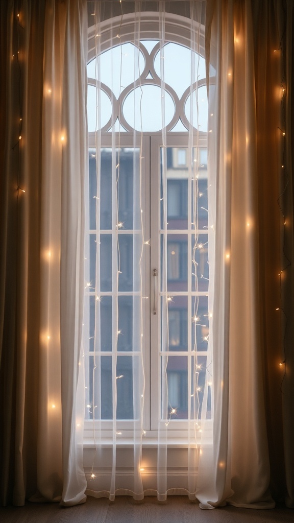 A window with LED curtain lights draped over sheer curtains, creating a cozy and festive atmosphere.