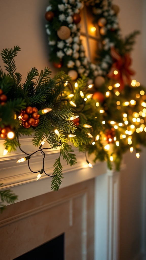 A beautifully decorated mantel with greenery and glowing LED fairy lights.