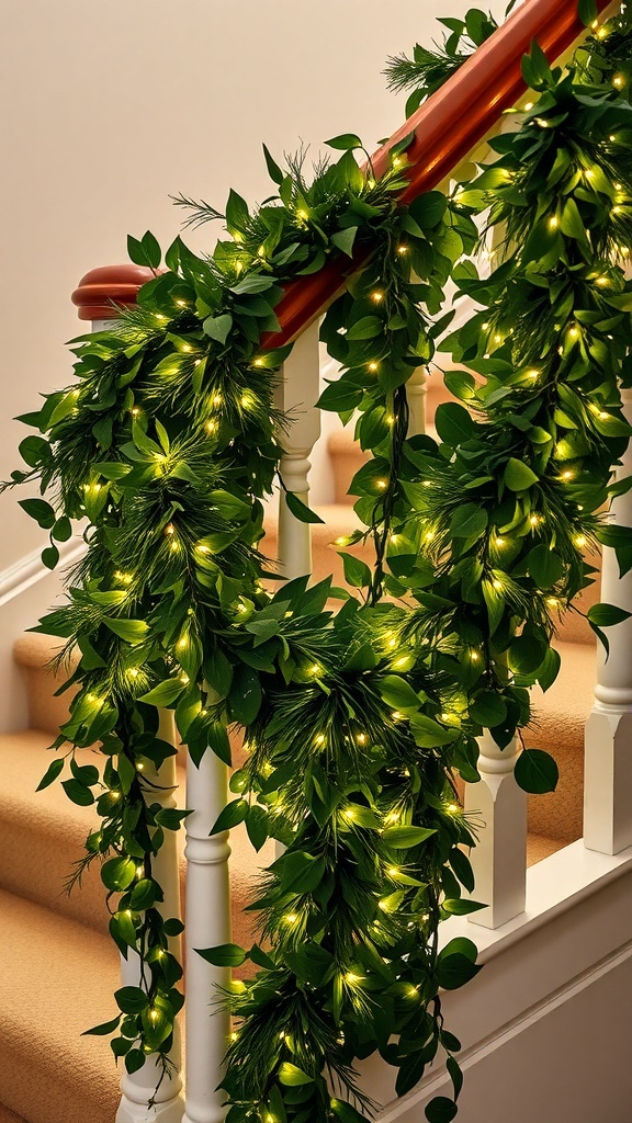 A decorative LED garland with green leaves and warm lights draped over a staircase railing.