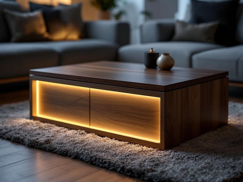A modern wooden coffee table with integrated LED lighting, placed on a soft rug in a cozy living room setting.