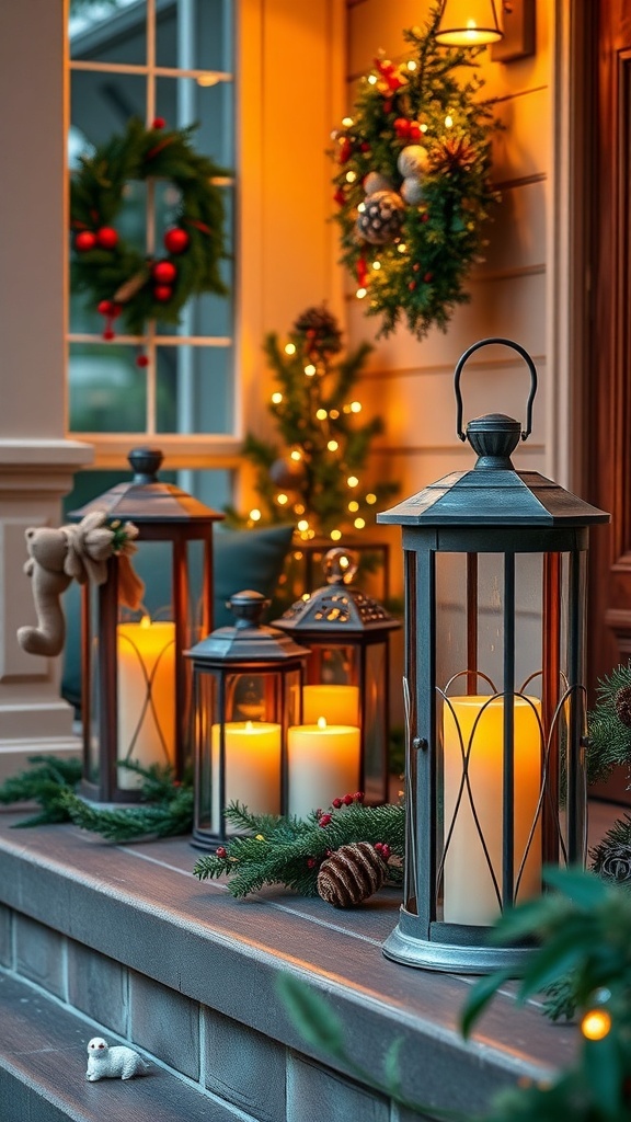 A cozy display of LED lanterns with flickering candles, surrounded by holiday decorations.