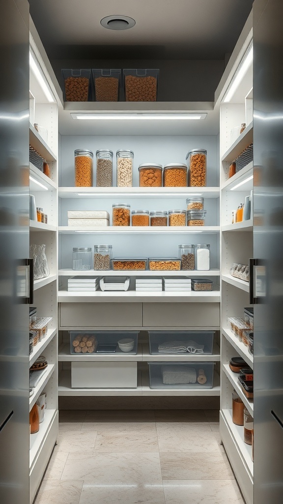A modern pantry with LED lighting illuminating organized shelves filled with jars and containers.