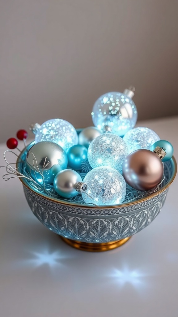 A decorative bowl filled with glowing LED ornaments in various colors, creating a festive atmosphere.