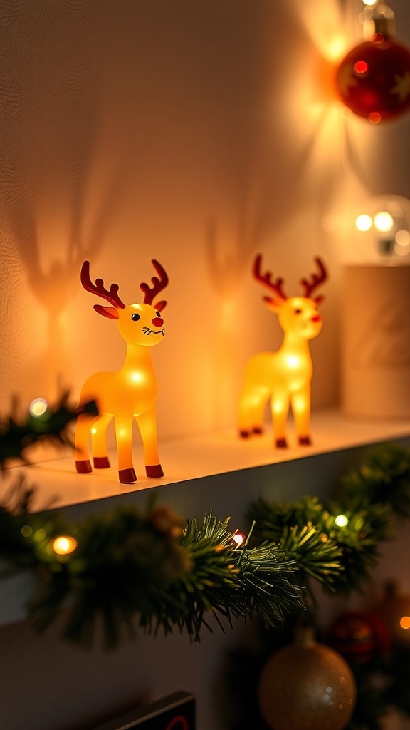 Two LED reindeer figures glowing warmly on a shelf with festive decorations.