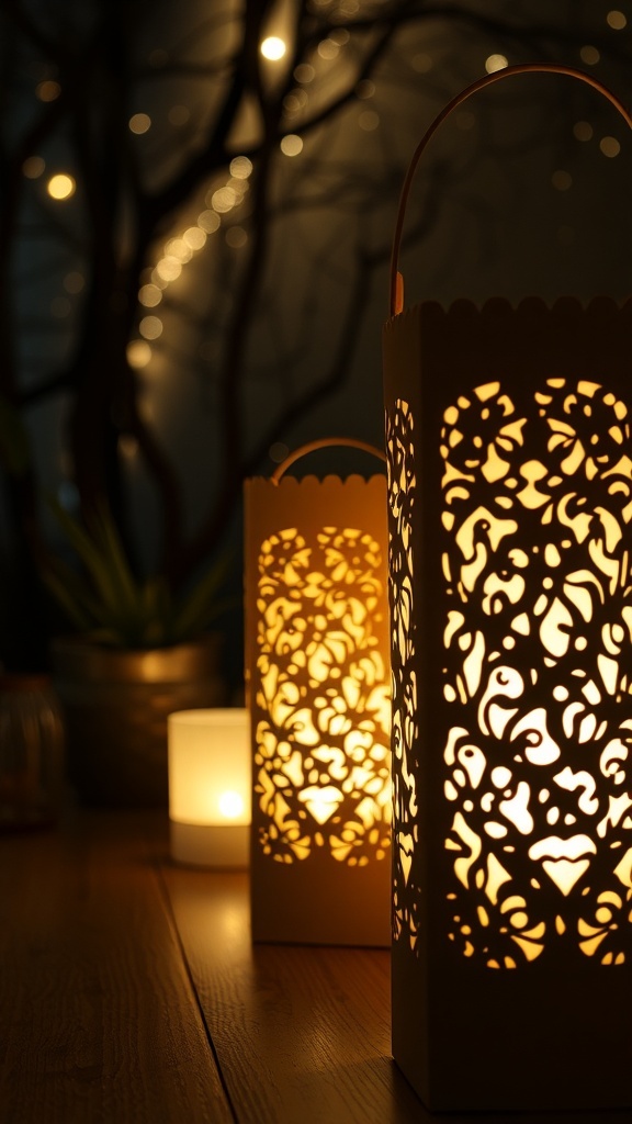 Two LED safe paper candle holders with intricate cut-out designs, glowing softly in a cozy setting.