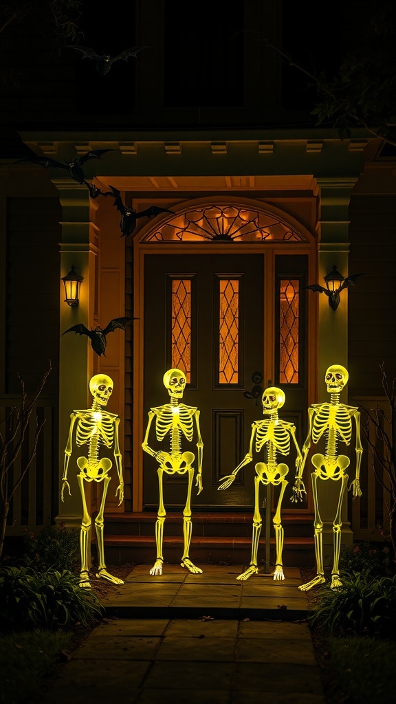 Four glowing skeletons in front of a house with bats flying around.
