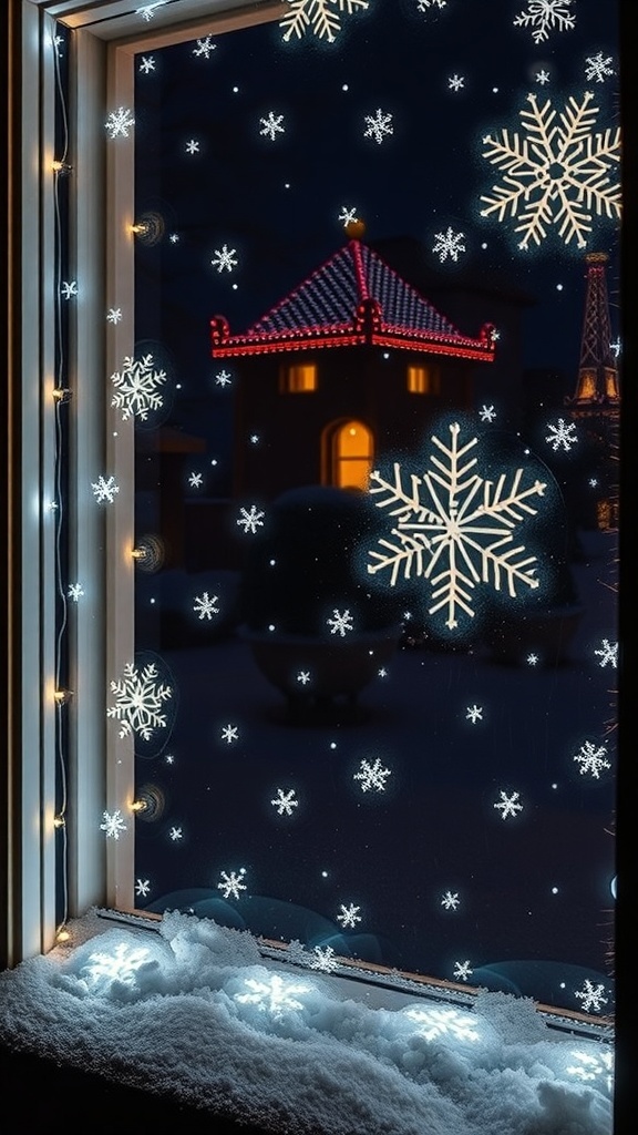 A window decorated with LED snowflake lights, glowing against a snowy backdrop.
