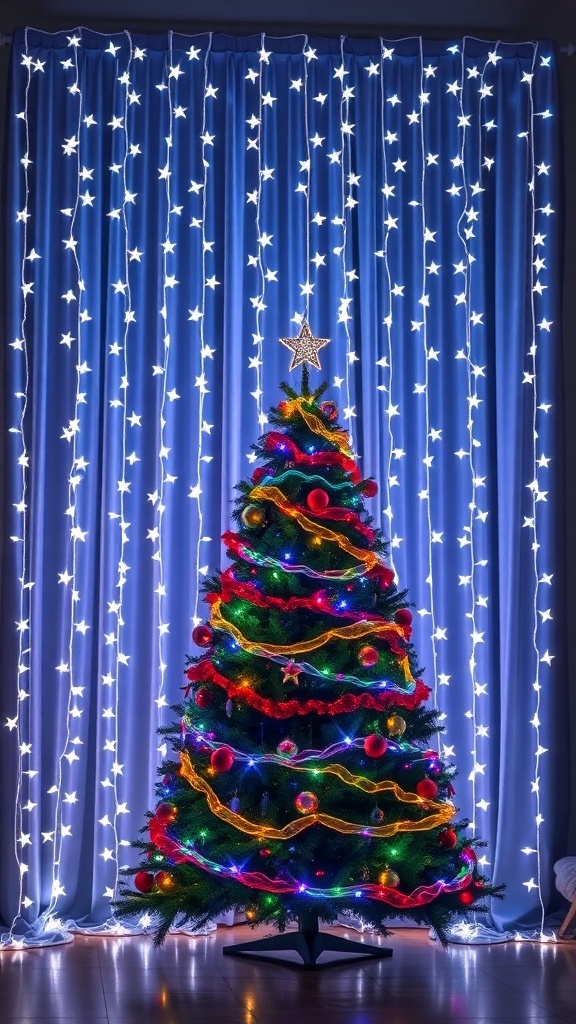 A Christmas tree in front of a curtain decorated with LED star curtain lights.