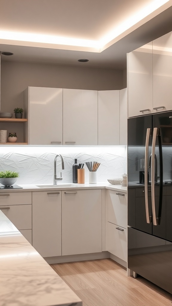 Modern kitchen with LED strip lighting highlighting the backsplash