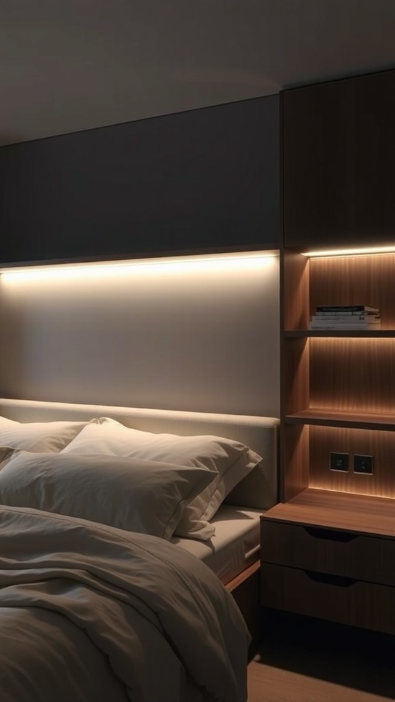A modern bedroom featuring LED strip lighting on the headboard and shelves, creating a cozy atmosphere.