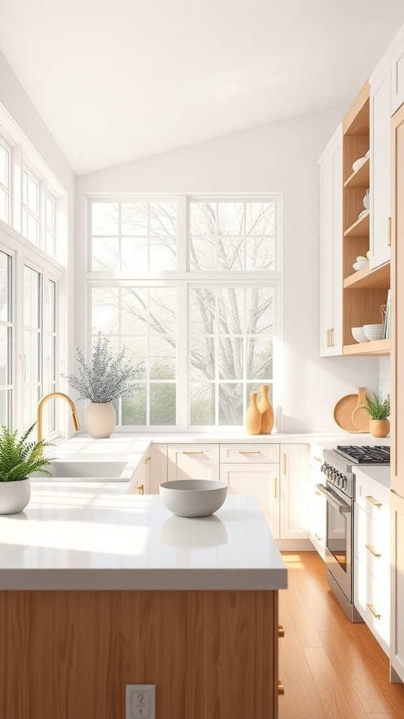A bright kitchen with large windows, wooden cabinetry, and white countertops.
