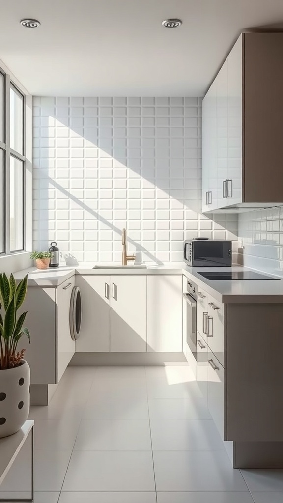 A modern kitchen featuring light-reflecting tiles on the backsplash, enhancing brightness and space.