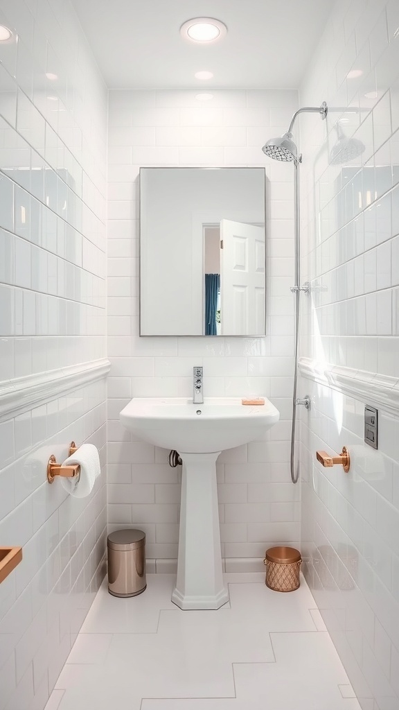 A small bathroom featuring glossy white tiles, a pedestal sink, and copper fixtures, creating a bright and modern space.
