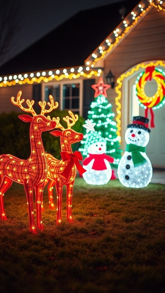 A festive display of light-up Christmas figures including reindeer, a snowman, and a Christmas tree.