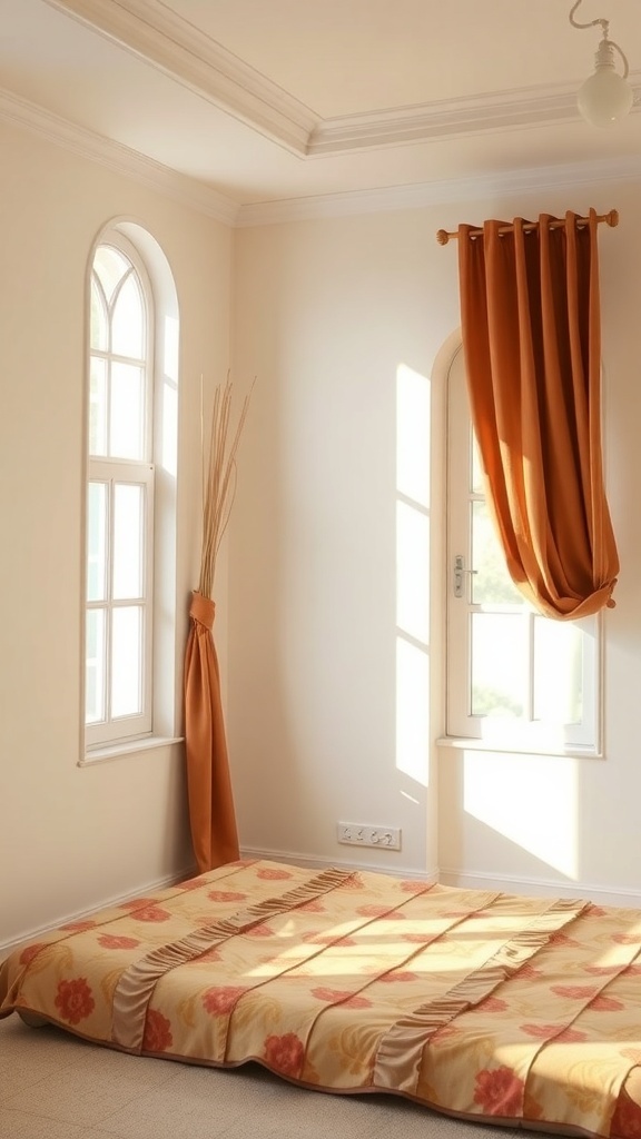 A cozy bedroom featuring terracotta curtains, light walls, and a warm color palette.