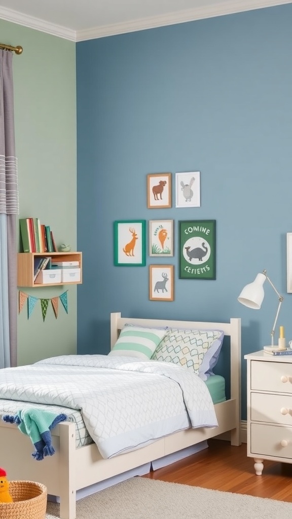 A stylish boys' bedroom featuring a light blue and green color palette with animal-themed wall art.