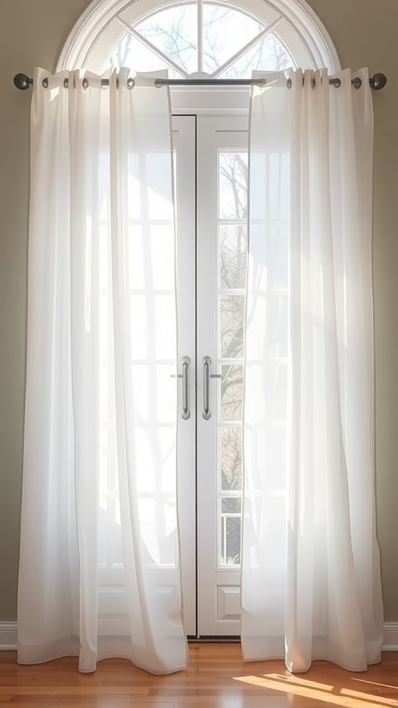 Light and airy white curtains hanging in front of a set of doors, allowing sunlight to filter through.