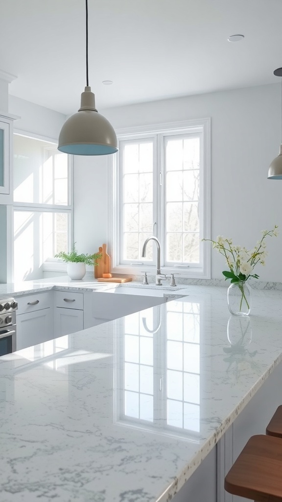 A kitchen featuring light Ice Blue Granite countertops with white cabinetry and large windows, creating a bright and airy atmosphere.