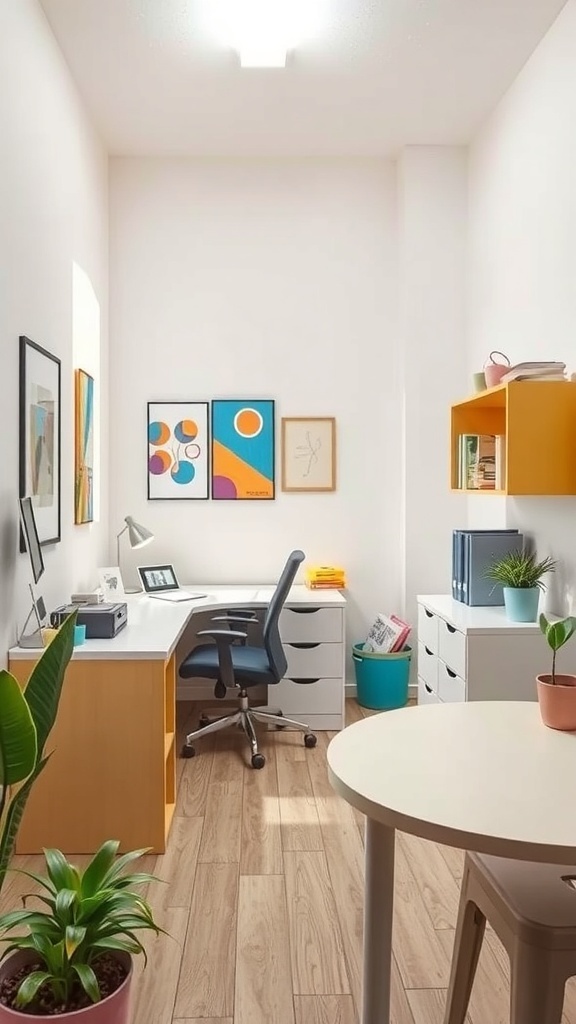 A bright and airy home office with white walls, colorful artwork, and plants.