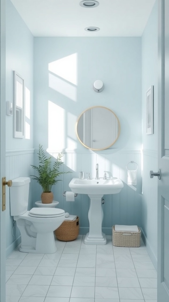 A light blue bathroom with a round mirror and natural decor.