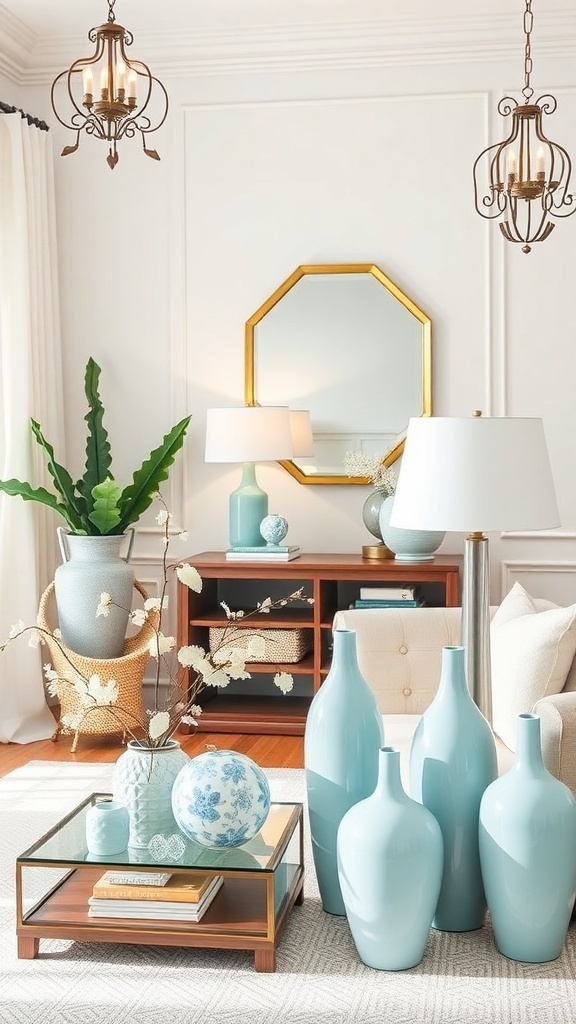 A front room with light blue accessories, including vases, lamps, and plants, creating a fresh and inviting atmosphere.