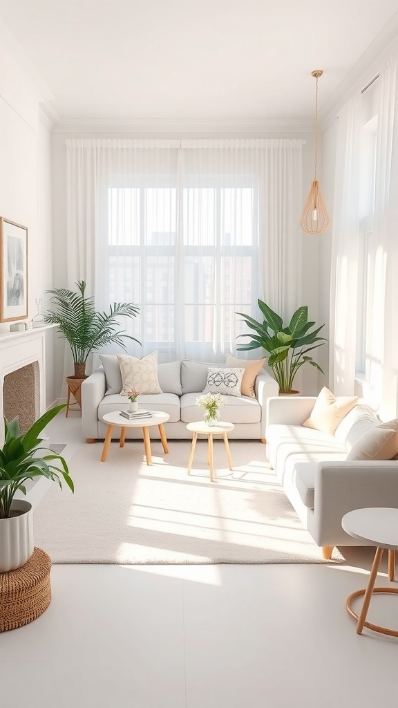 A bright and airy small living room with light color palettes and plants