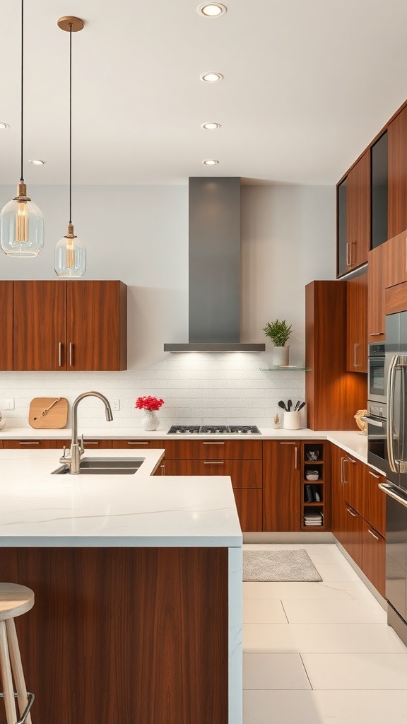 Modern kitchen with brown cabinets and light countertops