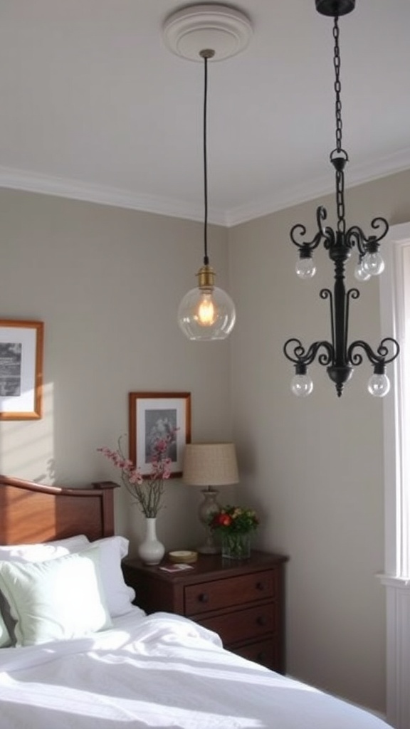A cozy bedroom featuring a clear glass pendant light and an elegant chandelier.