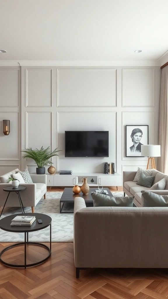 A modern living room featuring light gray walls, stylish furniture, and elegant decor.