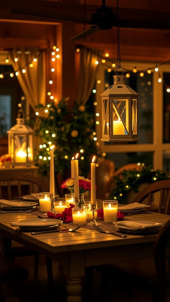 A beautifully lit dining table with candles, lanterns, and string lights creating a warm atmosphere.