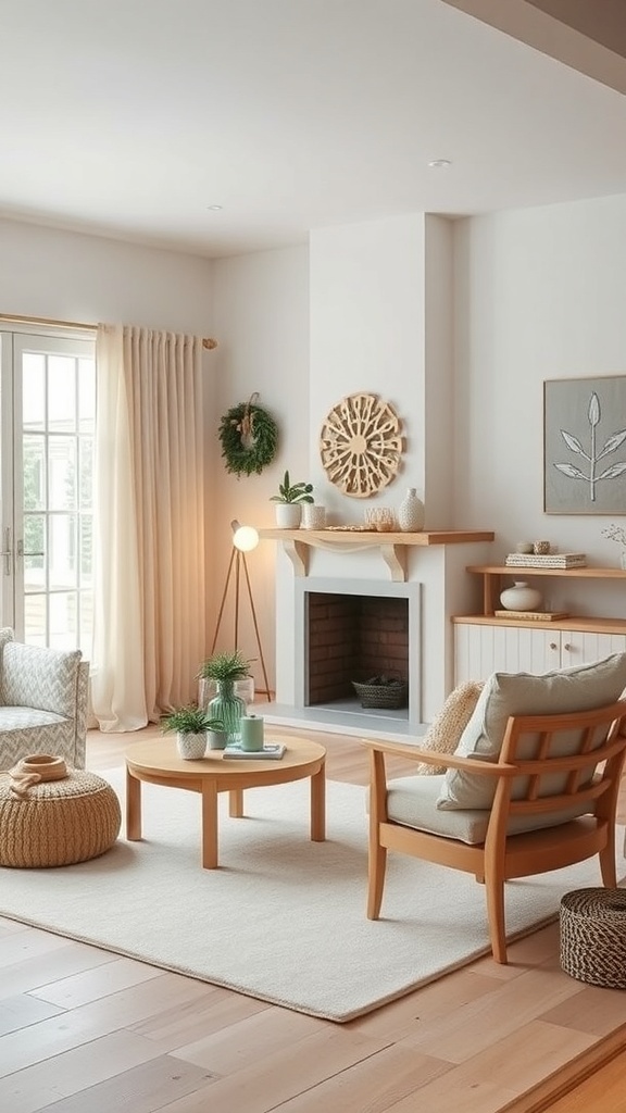 Cozy living room with light wood furniture, neutral colors, and warm decor