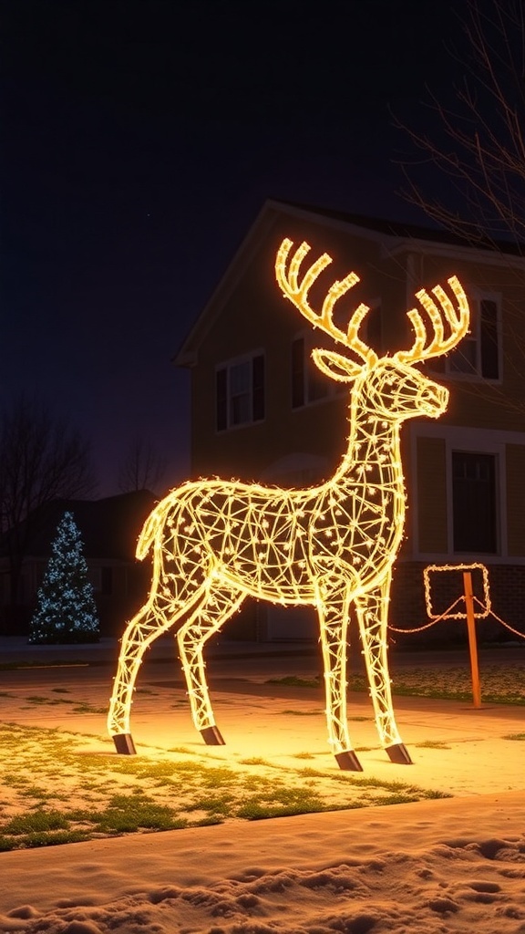A lighted reindeer display in a snowy yard at night