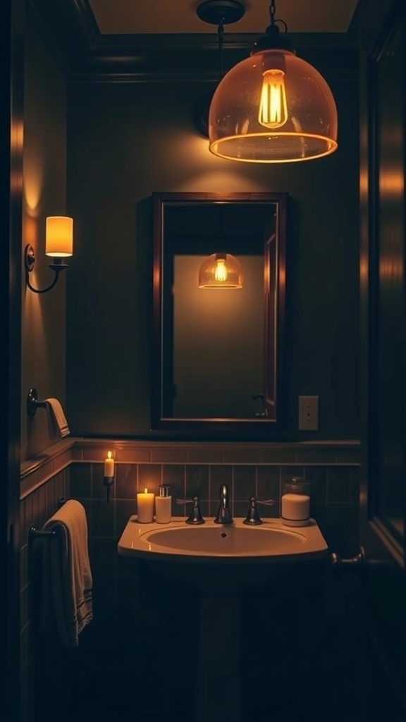 A moody powder room with warm lighting from a pendant light and wall sconces, featuring candles on the sink.