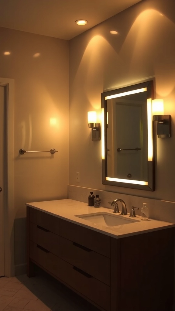 A modern bathroom with warm lighting, featuring a mirror with built-in lights and wall sconces beside it.