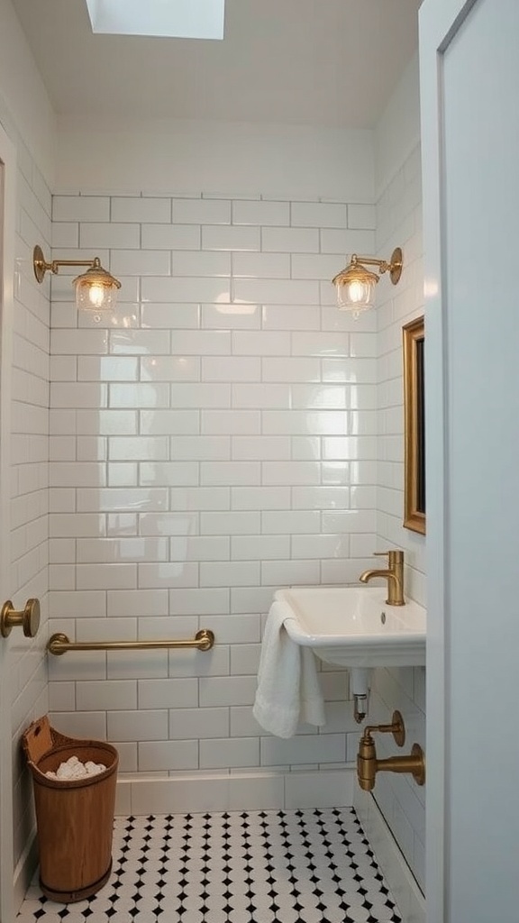 A stylish bathroom featuring vintage-inspired lighting fixtures, white subway tiles, and a small sink.