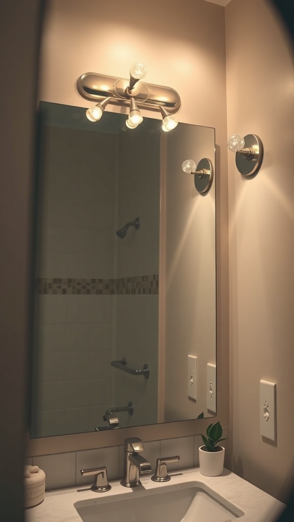A well-lit bathroom mirror with modern fixtures, showcasing effective lighting placement.