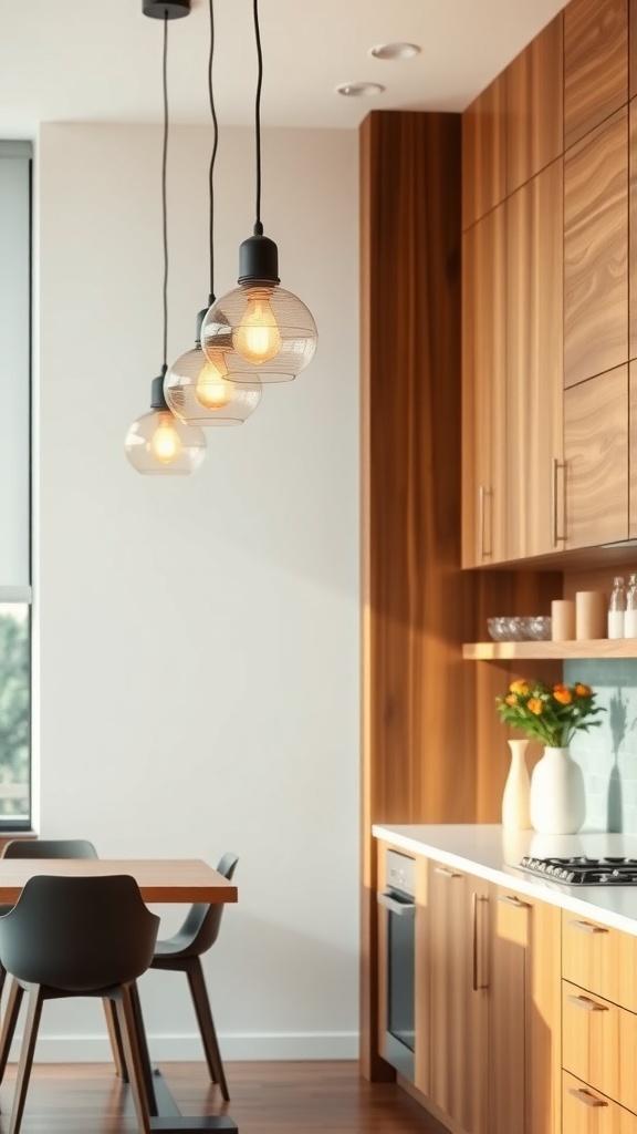 A kitchen featuring clean-lined cabinetry in soft matte blue, warm wood accents, and stylish pendant lighting.