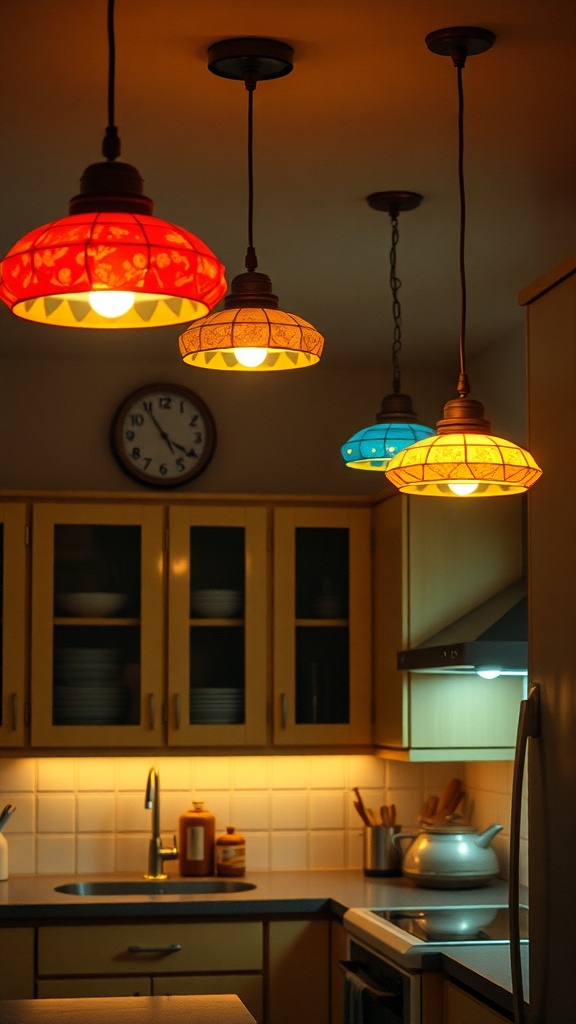 Colorful pendant lights hanging in a kitchen, showcasing a retro 1970s style.