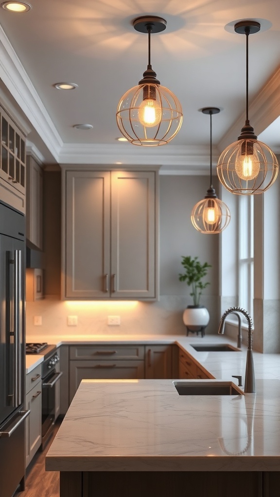 Stylish pendant lights hanging above a kitchen countertop, providing warm illumination.