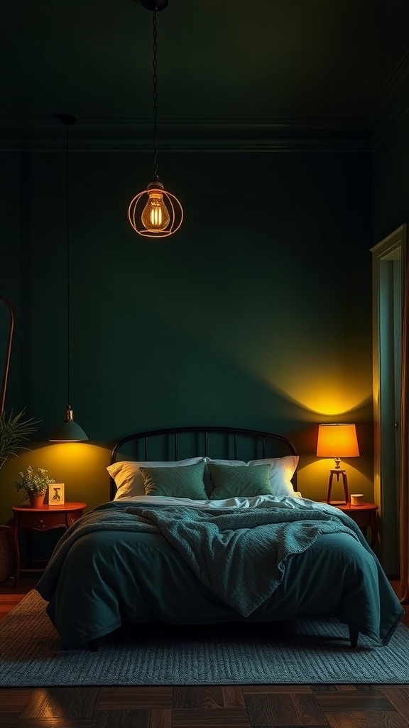 A moody green bedroom with warm lighting, featuring a pendant light and table lamps.