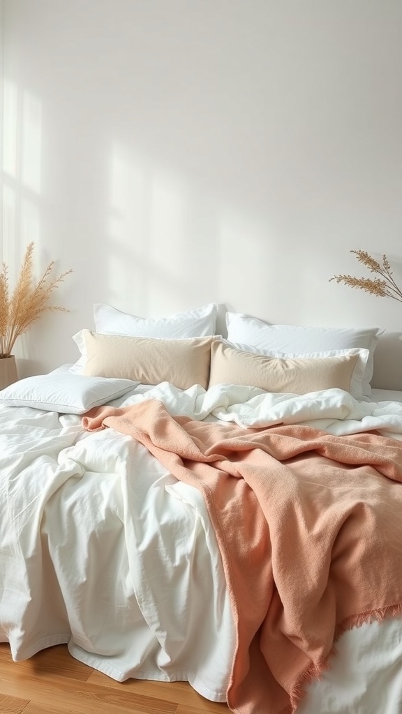 A cozy bed with white bedding and a peach throw blanket, featuring soft pillows and decorative plants.