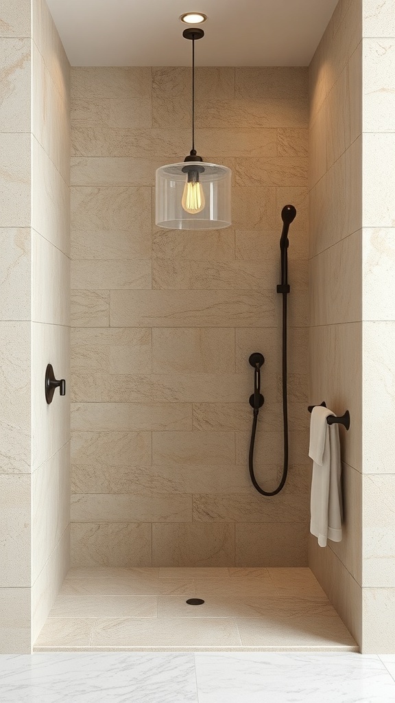 A rustic shower surround featuring limestone tiles, dark fixtures, and a pendant light.